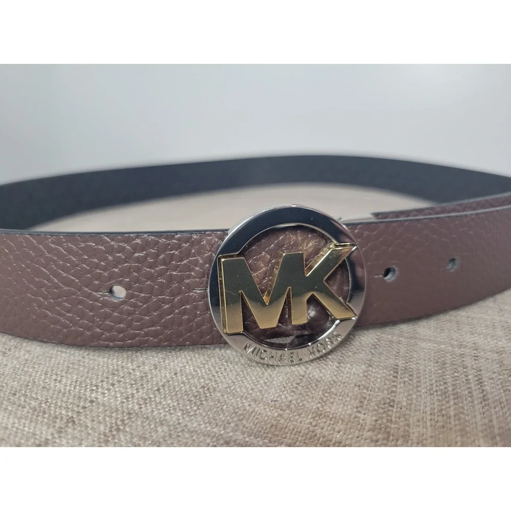 Michael Kors Reversible Belt Brown Pebbled Black Monogram MK Logo Buckle Medium‎